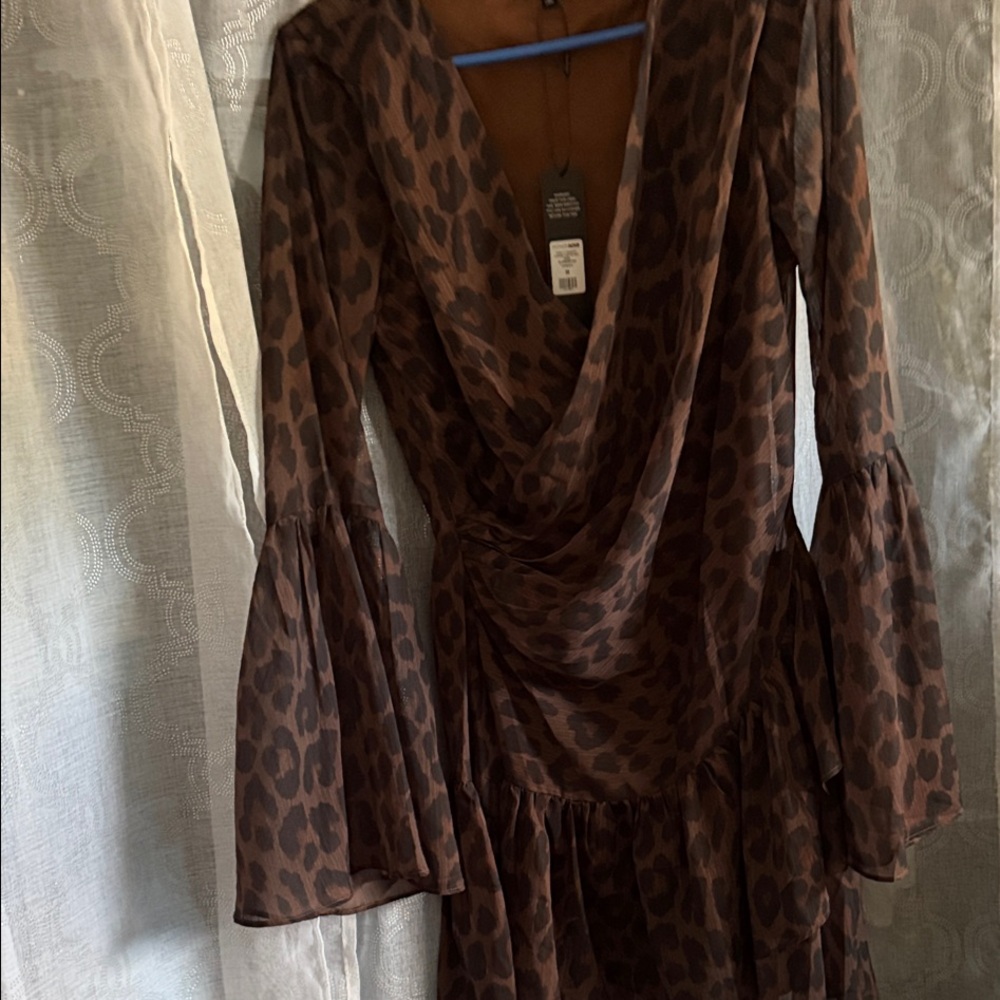 Fashion Nova  Brown Leopard Print Long Sleeve Draped Mini Dress